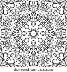 Seamless tracery tile mehndi design. Ethnic ornament, doodle symmetry texture. Folk traditional spiritual tribal design. Curved doodling motif. Binary monochrome black and white art. Vector
