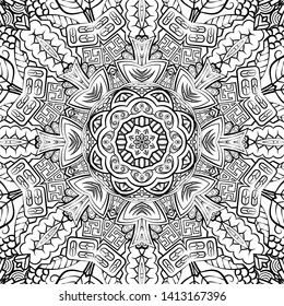 Seamless tracery tile mehndi design. Ethnic ornament, doodle symmetry texture. Folk traditional spiritual tribal design. Curved doodling motif. Binary monochrome black and white art. Vector