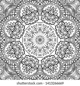 Seamless tracery tile mehndi design. Ethnic ornament, doodle symmetry texture. Folk traditional spiritual tribal design. Curved doodling motif. Binary monochrome black and white art. Vector
