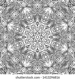 Seamless tracery tile mehndi design. Ethnic ornament, doodle symmetry texture. Folk traditional spiritual tribal design. Curved doodling motif. Binary monochrome black and white art. Vector