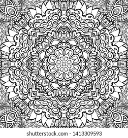 Seamless tracery tile mehndi design. Ethnic ornament, doodle symmetry texture. Folk traditional spiritual tribal design. Curved doodling motif. Binary monochrome black and white art. Vector