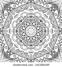 Seamless tracery tile mehndi design. Ethnic ornament, doodle symmetry texture. Folk traditional spiritual tribal design. Curved doodling motif. Binary monochrome black and white art. Vector