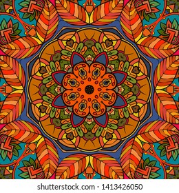 Seamless tracery tile mehndi design. Ethnic ornament, colorful doodle symmetry texture. Folk traditional spiritual tribal design. Curved doodling motif. Color art. Vector