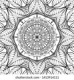 Seamless tracery tile mehndi design. Ethnic ornament, doodle symmetry texture. Folk traditional spiritual tribal design. Curved doodling motif. Binary monochrome black and white art. Vector