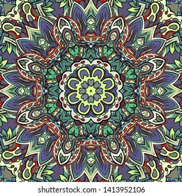 Seamless tracery tile mehndi design. Ethnic ornament, colorful doodle symmetry texture. Folk traditional spiritual tribal design. Curved doodling motif. Color art. Vector