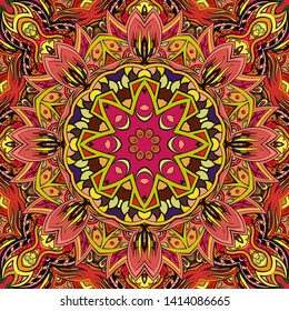 Seamless tracery tile mehndi design. Ethnic ornament, colorful doodle symmetry texture. Folk traditional spiritual tribal design. Curved doodling motif. Color art. Vector