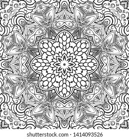 Seamless tracery tile mehndi design. Ethnic ornament, doodle symmetry texture. Folk traditional spiritual tribal design. Curved doodling motif. Binary monochrome black and white art. Vector