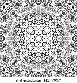 Seamless tracery tile mehndi design. Ethnic ornament, doodle symmetry texture. Folk traditional spiritual tribal design. Curved doodling motif. Binary monochrome black and white art. Vector
