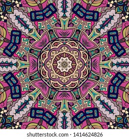 Seamless tracery tile mehndi design. Ethnic ornament, colorful doodle symmetry texture. Folk traditional spiritual tribal design. Curved doodling motif. Color art. Vector