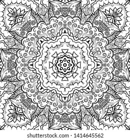 Seamless tracery tile mehndi design. Ethnic ornament, doodle symmetry texture. Folk traditional spiritual tribal design. Curved doodling motif. Binary monochrome black and white art. Vector