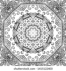 Seamless tracery tile mehndi design. Ethnic ornament, doodle symmetry texture. Folk traditional spiritual tribal design. Curved doodling motif. Binary monochrome black and white art. Vector