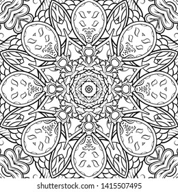 Seamless tracery tile mehndi design. Ethnic ornament, doodle symmetry texture. Folk traditional spiritual tribal design. Curved doodling motif. Binary monochrome black and white art. Vector