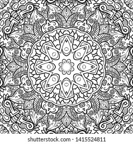 Seamless tracery tile mehndi design. Ethnic ornament, doodle symmetry texture. Folk traditional spiritual tribal design. Curved doodling motif. Binary monochrome black and white art. Vector