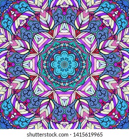 Seamless tracery tile mehndi design. Ethnic ornament, colorful doodle symmetry texture. Folk traditional spiritual tribal design. Curved doodling motif. Color art. Vector