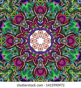 Seamless tracery tile mehndi design. Ethnic ornament, colorful doodle symmetry texture. Folk traditional spiritual tribal design. Curved doodling motif. Color art. Vector