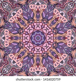 Seamless tracery tile mehndi design. Ethnic ornament, colorful doodle symmetry texture. Folk traditional spiritual tribal design. Curved doodling motif. Color art. Vector