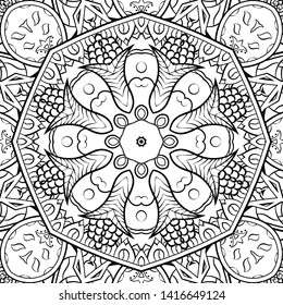 Seamless tracery tile mehndi design. Ethnic ornament, doodle symmetry texture. Folk traditional spiritual tribal design. Curved doodling motif. Binary monochrome black and white art. Vector