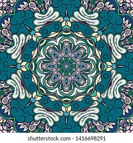 Seamless tracery tile mehndi design. Ethnic ornament, colorful doodle symmetry texture. Folk traditional spiritual tribal design. Curved doodling motif. Color art. Vector