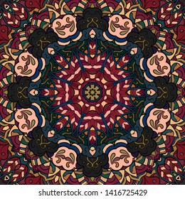 Seamless tracery tile mehndi design. Ethnic ornament, colorful doodle symmetry texture. Folk traditional spiritual tribal design. Curved doodling motif. Color art. Vector