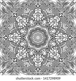 Seamless tracery tile mehndi design. Ethnic ornament, doodle symmetry texture. Folk traditional spiritual tribal design. Curved doodling motif. Binary monochrome black and white art. Vector