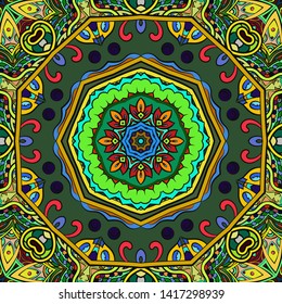 Seamless tracery tile mehndi design. Ethnic ornament, colorful doodle symmetry texture. Folk traditional spiritual tribal design. Curved doodling motif. Color art. Vector