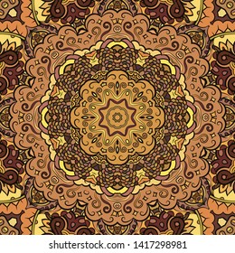 Seamless tracery tile mehndi design. Ethnic ornament, colorful doodle symmetry texture. Folk traditional spiritual tribal design. Curved doodling motif. Color art. Vector