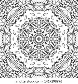 Seamless tracery tile mehndi design. Ethnic ornament, doodle symmetry texture. Folk traditional spiritual tribal design. Curved doodling motif. Binary monochrome black and white art. Vector