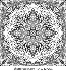 Seamless tracery tile mehndi design. Ethnic ornament, doodle symmetry texture. Folk traditional spiritual tribal design. Curved doodling motif. Binary monochrome black and white art. Vector
