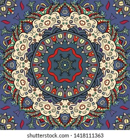 Seamless tracery tile mehndi design. Ethnic ornament, colorful doodle symmetry texture. Folk traditional spiritual tribal design. Curved doodling motif. Color art. Vector