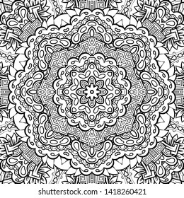 Seamless tracery tile mehndi design. Ethnic ornament, doodle symmetry texture. Folk traditional spiritual tribal design. Curved doodling motif. Binary monochrome black and white art. Vector