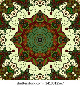 Seamless tracery tile mehndi design. Ethnic ornament, colorful doodle symmetry texture. Folk traditional spiritual tribal design. Curved doodling motif. Color art. Vector