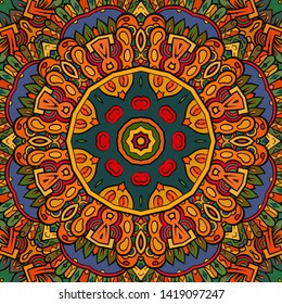 Seamless tracery tile mehndi design. Ethnic ornament, colorful doodle symmetry texture. Folk traditional spiritual tribal design. Curved doodling motif. Color art. Vector
