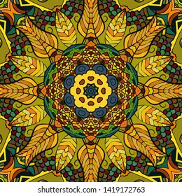 Seamless tracery tile mehndi design. Ethnic ornament, colorful doodle symmetry texture. Folk traditional spiritual tribal design. Curved doodling motif. Color art. Vector
