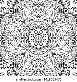 Seamless tracery tile mehndi design. Ethnic ornament, doodle symmetry texture. Folk traditional spiritual tribal design. Curved doodling motif. Binary monochrome black and white art. Vector