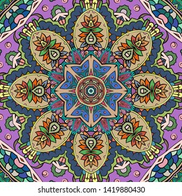 Seamless tracery tile mehndi design. Ethnic ornament, colorful doodle symmetry texture. Folk traditional spiritual tribal design. Curved doodling motif. Color art. Vector