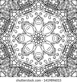 Seamless tracery tile mehndi design. Ethnic ornament, doodle symmetry texture. Folk traditional spiritual tribal design. Curved doodling motif. Binary monochrome black and white art. Vector