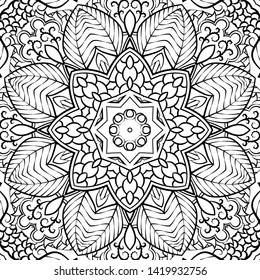 Seamless tracery tile mehndi design. Ethnic ornament, doodle symmetry texture. Folk traditional spiritual tribal design. Curved doodling motif. Binary monochrome black and white art. Vector