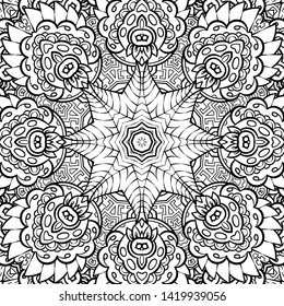 Seamless tracery tile mehndi design. Ethnic ornament, doodle symmetry texture. Folk traditional spiritual tribal design. Curved doodling motif. Binary monochrome black and white art. Vector