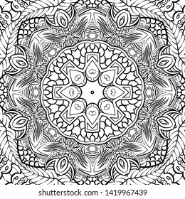 Seamless tracery tile mehndi design. Ethnic ornament, doodle symmetry texture. Folk traditional spiritual tribal design. Curved doodling motif. Binary monochrome black and white art. Vector