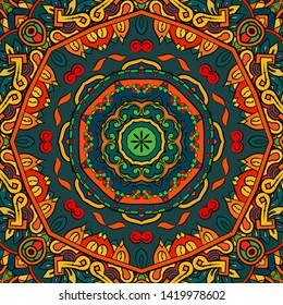 Seamless tracery tile mehndi design. Ethnic ornament, colorful doodle symmetry texture. Folk traditional spiritual tribal design. Curved doodling motif. Color art. Vector