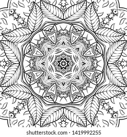 Seamless tracery tile mehndi design. Ethnic ornament, doodle symmetry texture. Folk traditional spiritual tribal design. Curved doodling motif. Binary monochrome black and white art. Vector