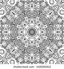 Seamless tracery tile mehndi design. Ethnic ornament, doodle symmetry texture. Folk traditional spiritual tribal design. Curved doodling motif. Binary monochrome black and white art. Vector