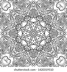 Seamless tracery tile mehndi design. Ethnic ornament, doodle symmetry texture. Folk traditional spiritual tribal design. Curved doodling motif. Binary monochrome black and white art. Vector
