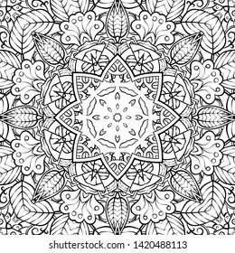 Seamless tracery tile mehndi design. Ethnic ornament, doodle symmetry texture. Folk traditional spiritual tribal design. Curved doodling motif. Binary monochrome black and white art. Vector