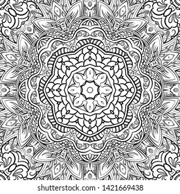 Seamless tracery tile mehndi design. Ethnic ornament, doodle symmetry texture. Folk traditional spiritual tribal design. Curved doodling motif. Binary monochrome black and white art. Vector