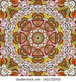 Seamless tracery tile mehndi design. Ethnic ornament, colorful doodle symmetry texture. Folk traditional spiritual tribal design. Curved doodling motif. Color art. Vector