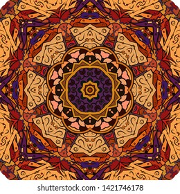 Seamless tracery tile mehndi design. Ethnic ornament, colorful doodle symmetry texture. Folk traditional spiritual tribal design. Curved doodling motif. Color art. Vector