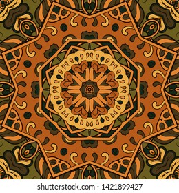 Seamless tracery tile mehndi design. Ethnic ornament, colorful doodle symmetry texture. Folk traditional spiritual tribal design. Curved doodling motif. Color art. Vector
