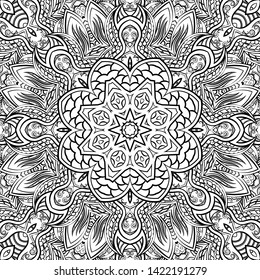 Seamless tracery tile mehndi design. Ethnic ornament, doodle symmetry texture. Folk traditional spiritual tribal design. Curved doodling motif. Binary monochrome black and white art. Vector
