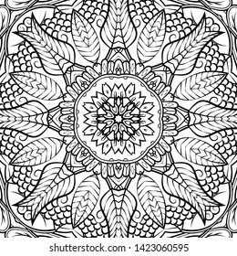 Seamless tracery tile mehndi design. Ethnic ornament, doodle symmetry texture. Folk traditional spiritual tribal design. Curved doodling motif. Binary monochrome black and white art. Vector